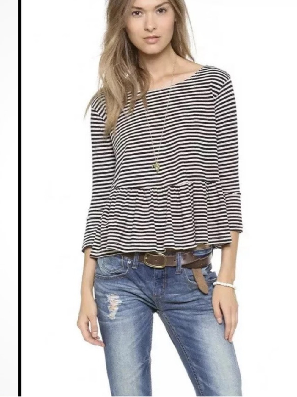 Free People Green & cream Striped Peplum Crop Top, Large